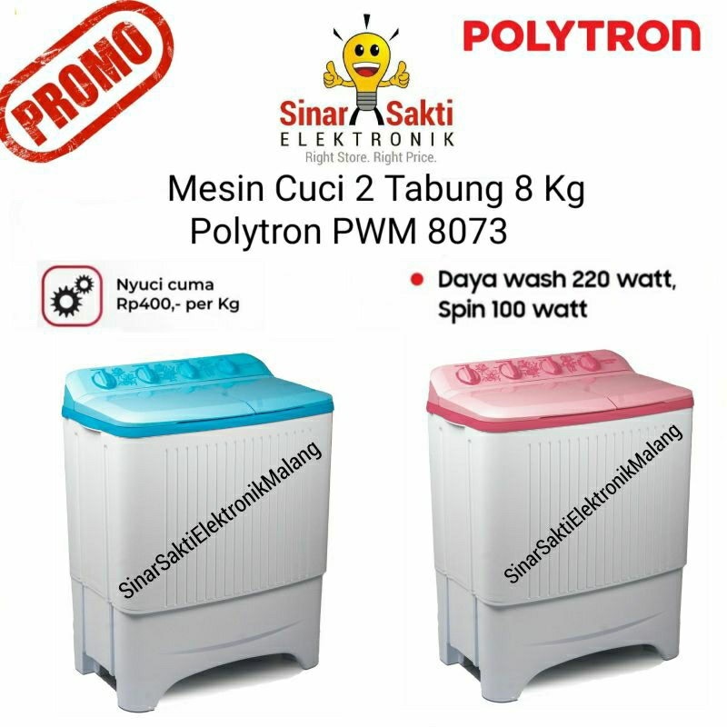 Mesin Cuci 2 Tabung Polytron 8 Kg PWM 8073 PWM8073 8kg Low Watt Hemat Promo Malang