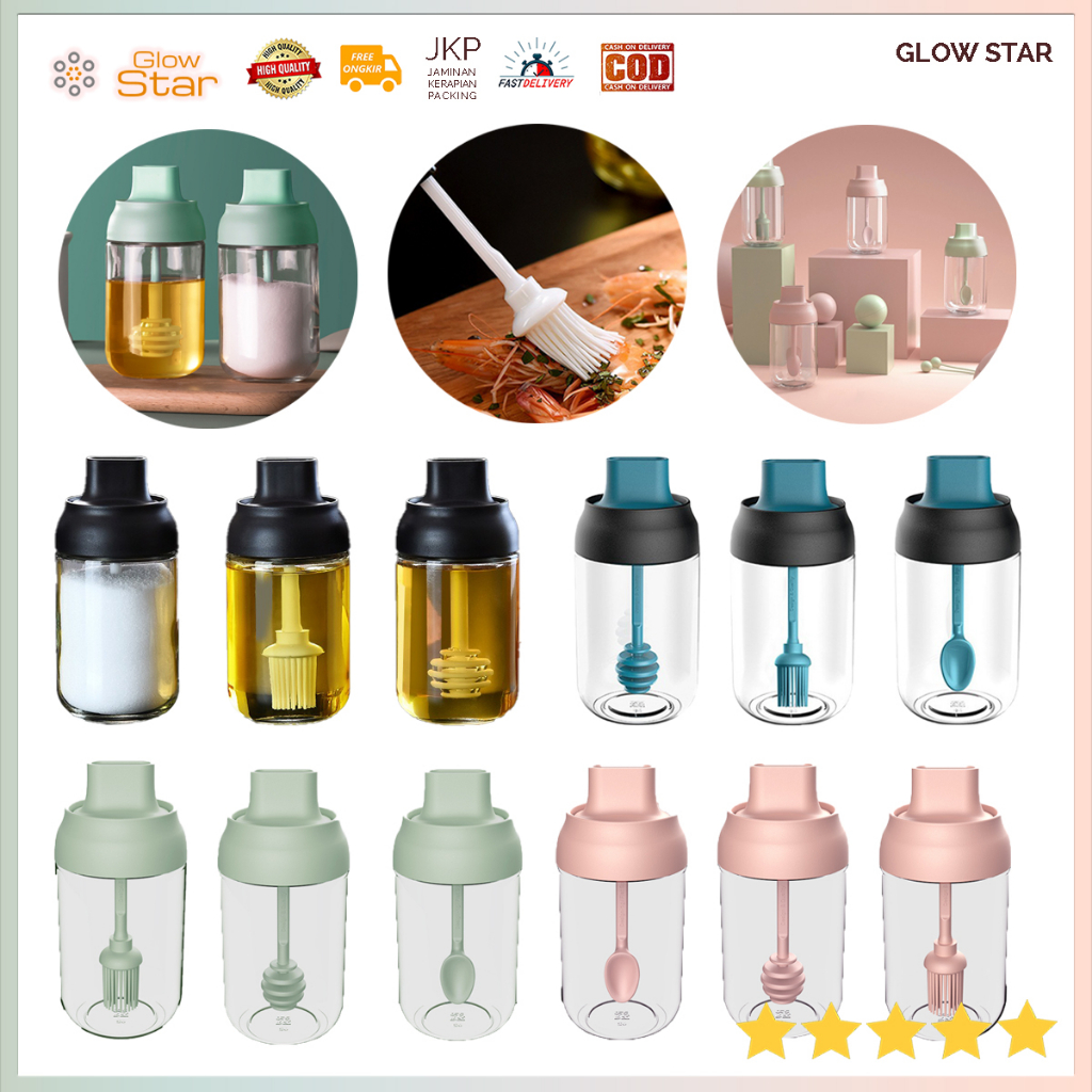 Botol bumbu kaca tebal tahan lembab toples bumbu multi fungsi dengan sendok botol sikat minyak toples madu garam garem merica pepper salt madu oles minyak pink Green blue