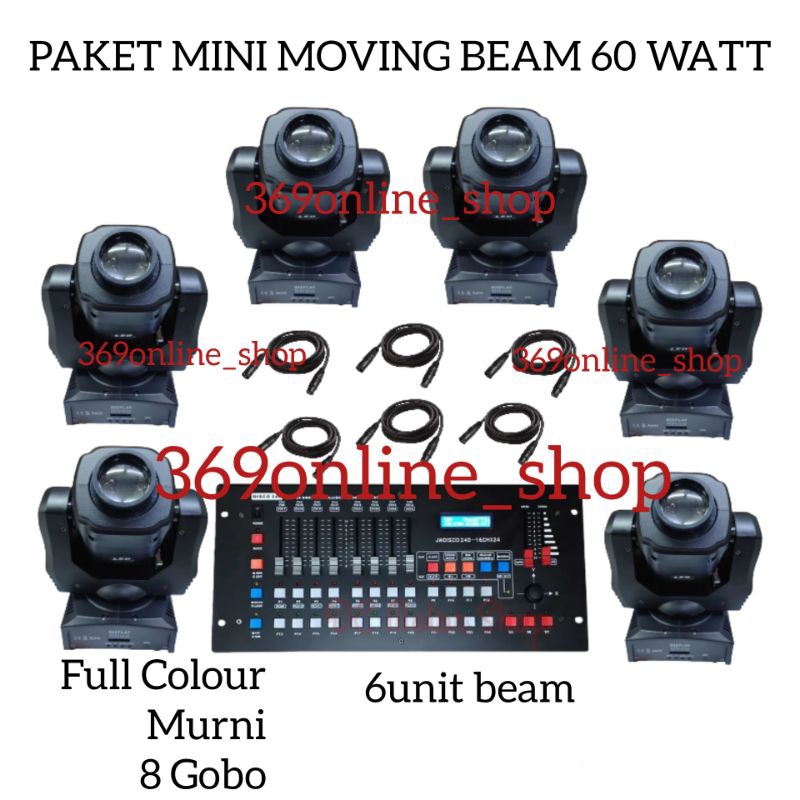 Paket moving head beam 60W full color murni 8 gobo / paket lampu moving panggung
