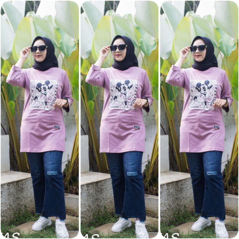 STIK BALIK 04√ KAOS LENGAN 7/8 MODEL PINGUIN DEPAN PENDEK BELAKANG PANJANG BAHAN KOMBET 20S Wanita Kaos Wanita Bigsize Terbaru Kaos Lengan 7/8 stikbalik