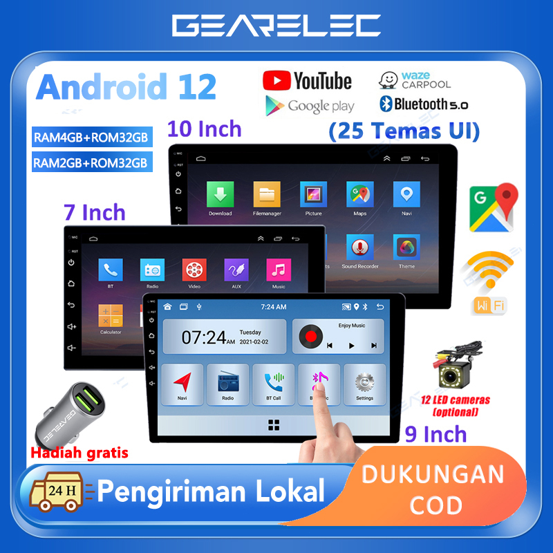 【Hadiah gratis】GEARELEC Car Radio Mobil Navigasi 4G + 32G Android12 Head Unit with 25 tema car radio untuk TOYOTA Daihatsu Mitsubishi HONDA SUZUKI Hyundai NISSAN 7/9/10 Inci IPS Lapisan Layar Sentuh  Dukungan WiFi/GPS/youtube