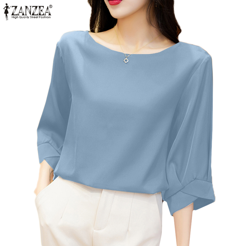 ZANZEA Women Street Fashion Elegant O-Neck Puff Sleeves Satin Solid T-shirt