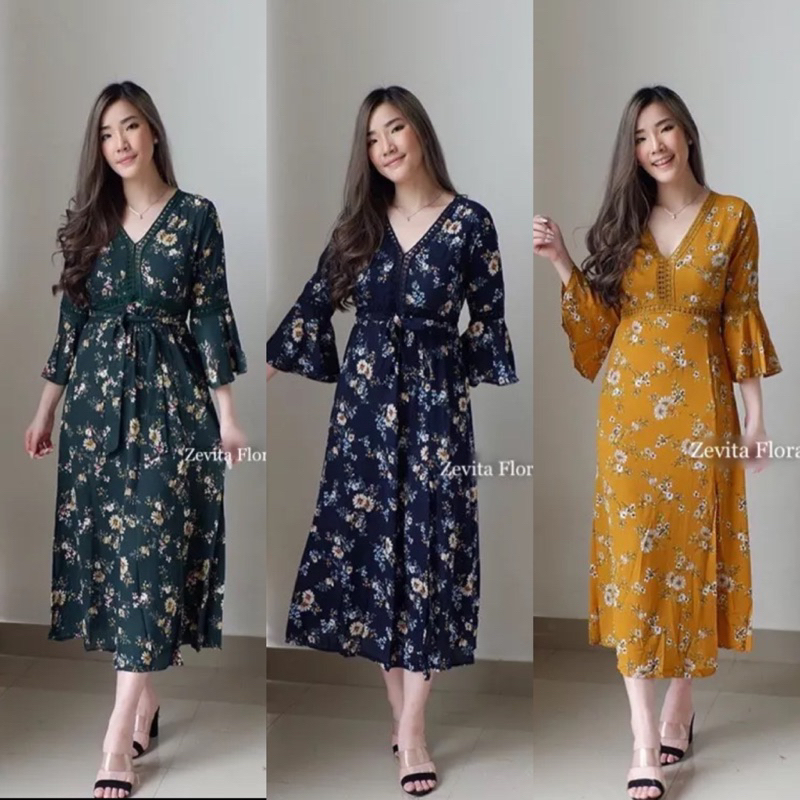 D0332 ZEVITA KOREAN FLORAL VINTAGE MIDI DRESS PANTAI LENGAN PANJANG BALI MUSIM PANAS SUMMER HIJAB BU