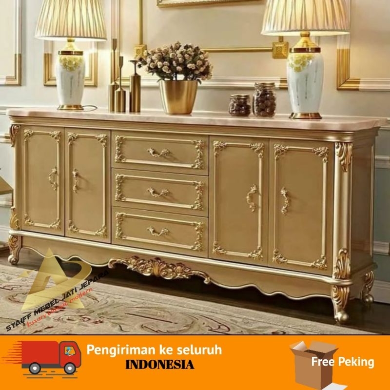 bufet TV full ukir kayu jati solid Finesing glod emas mewah