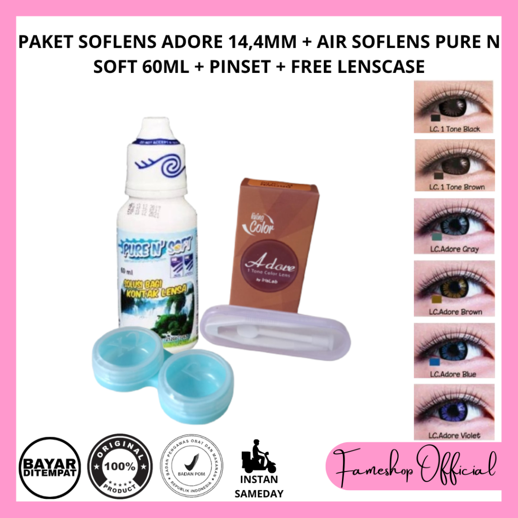 PAKET SOFTLENS ADORE DIA 14,4MM + CAIRAN PURE N SOFT 60ML + PINSET + LENSCASE / COD INSTAN SAMEDAY / LENSA KONTAK / PAKET MURAH