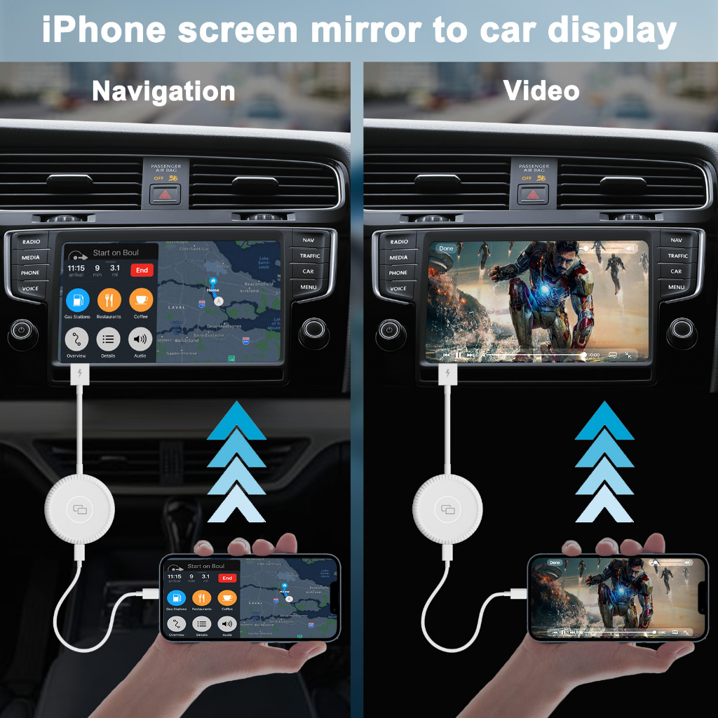 FEINODI iPhone Carplay Mirroring adapter, iPhone Screen Mirroring to Car Monitor, Wired Automotive Factory Carplay untuk semua model iPhone, mendukung Youtube/Facebook/Instagram/Line.