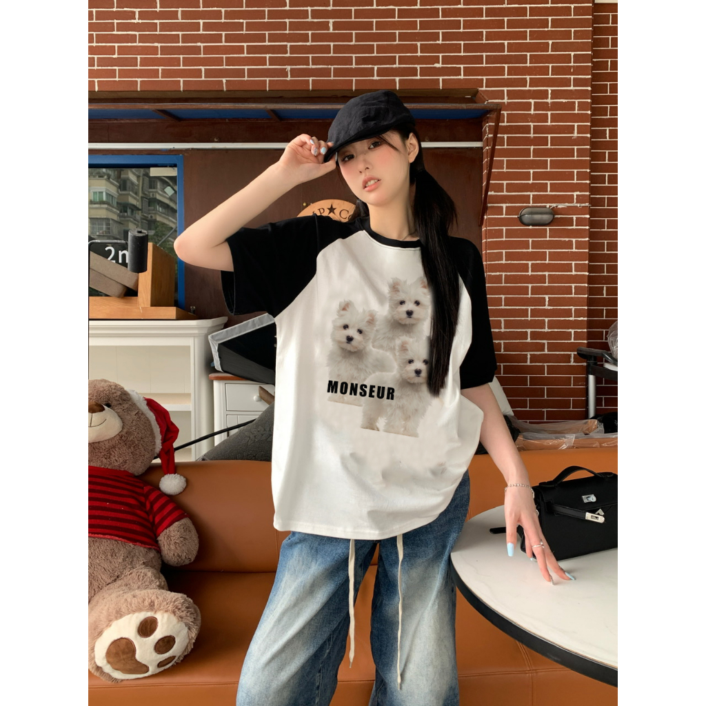 EUNII T-shirt Lengan Pendek Cartoon Dog Family Korean Style/Kaos Atasan Wanita/Baju Kaus Oversize Wanita/Kaos Wanita