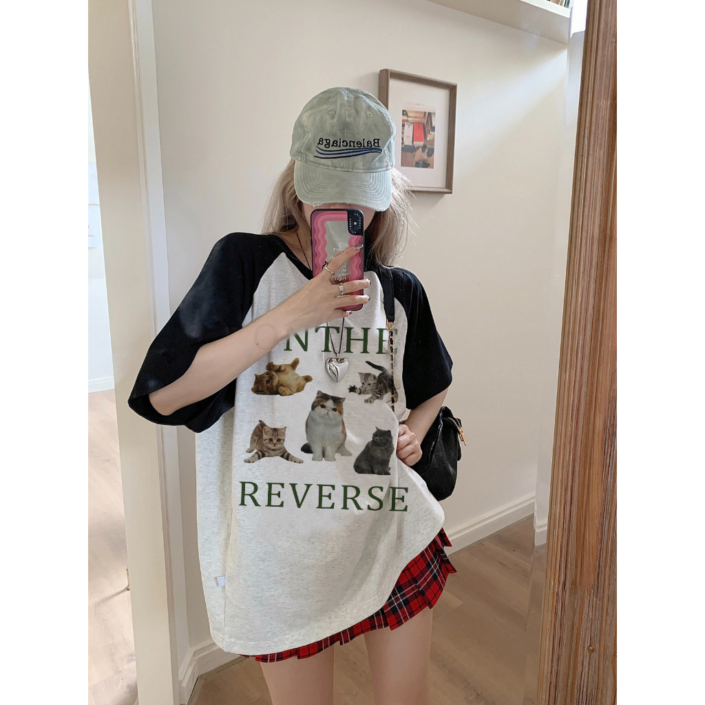 EUNII T-shirt Lengan Pendek Cartoon Funny Cat Korean Style/Kaos Atasan Wanita/Baju Kaus Oversize Wanita/Kaos Wanita