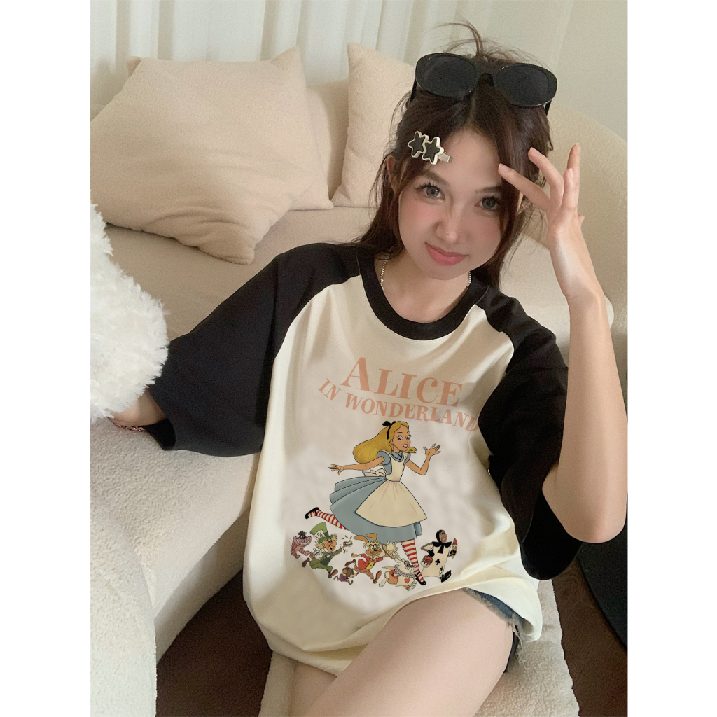 EUNII T-shirt Lengan Pendek Cartoon Disney's Alice Korean Style/Kaos Atasan Wanita/Baju Kaus Oversize Wanita/Kaos Wanita