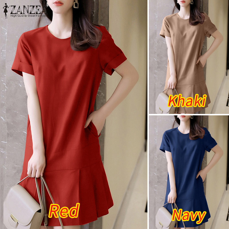 ZANZEA Women Street Fashion French Style Design O-Neck Short Sleeve Slim Knee Length Dress