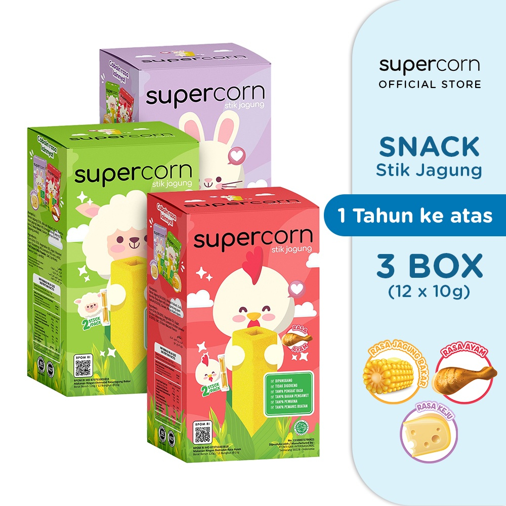 (1 PACK ISI 12 PCS) SUPERCORN STICK JAGUNG / CEMILAN ANAK SEHAT NON MSG /