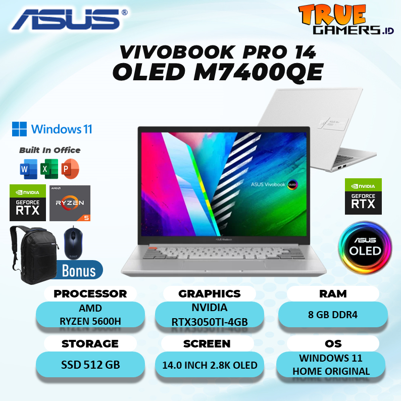 Laptop Asus Vivobook Pro 14 M7400QE RTX3050TI 4GB AMD Ryzen 5 5600H RAM 16GB 512GB SSD 14.0 2.8K