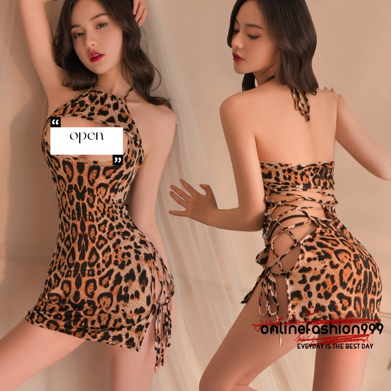 Lingerie Sexy Hot Pola Macan tutul Club Cosplay Hollow Tali Baju Tidur A569