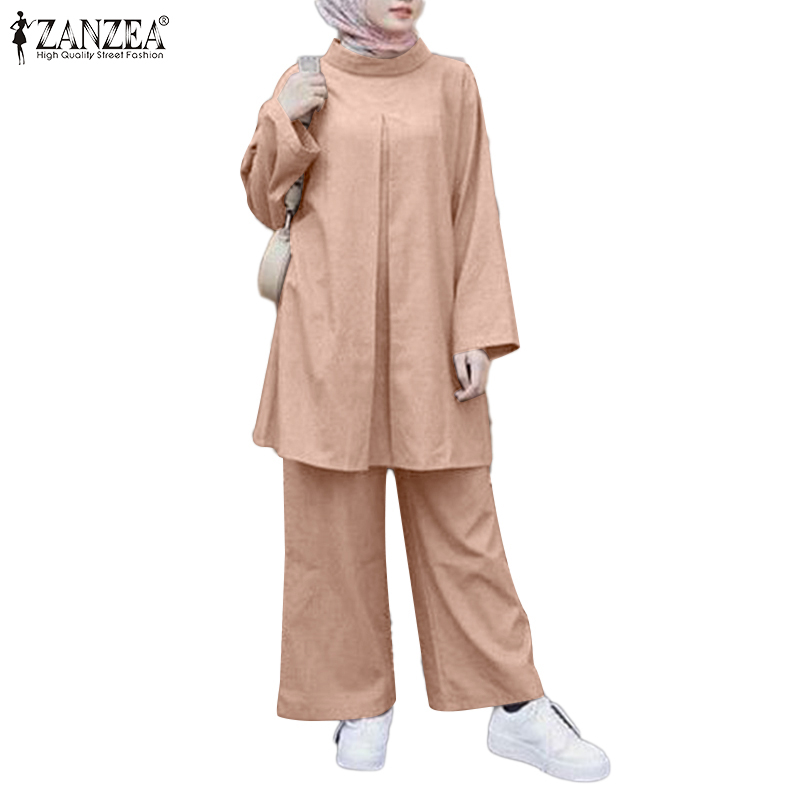 ZANZEA Women Casual Long Sleeve Side Pockets O-Neck Elastic Waist Muslim Sets