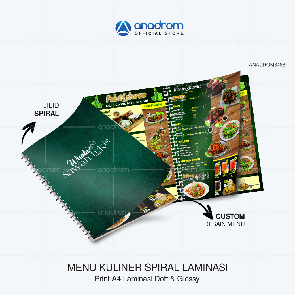 

Cetak Buku Menu Spiral | Cetak Daftar Menu Spiral Laminasi Doft & Glossy | Size 21 x 29.7 Cm | Anadrom 3488