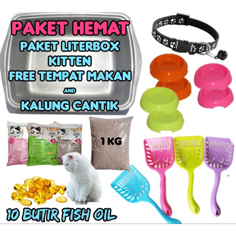 PAKET BAK PASIR + Sekop + 1KG Pasir Gumpal Wangi BENTONITE TIMO,TOP,TOTO GRATIS TEMPAT MAKAN KUCING + MINYAK IKAN VITAMIN OMEGA 10 BUTIR