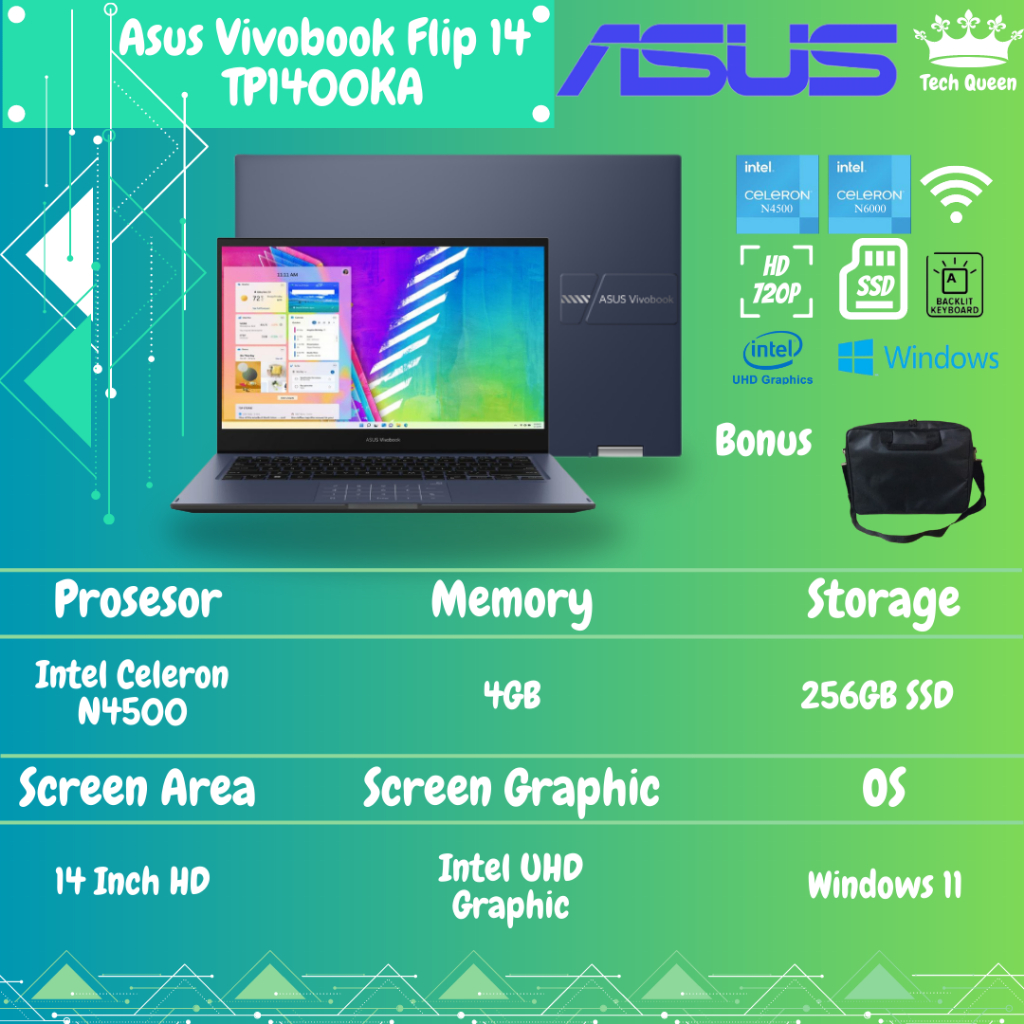 Asus Vivobook Flip 14 TP1400KA HD652 Touch N6000 8GB 512SSD W11+OHS 14.0 Inchi