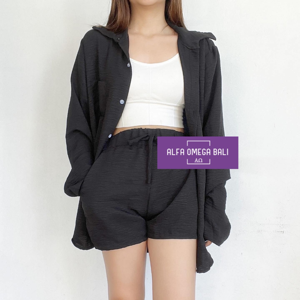 Setelan Kemeja Lengan Panjang Celana Pendek Wanita Airflow Oversize Celana Kemeja Bersaku
