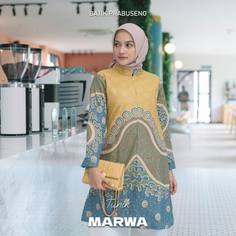 Baju Batik Prabuseno Motif Marwa Model Tunik Katun Cap Lapis Trikot Zipper Depan Halus Adem Model Elegan Cantik Menawan
