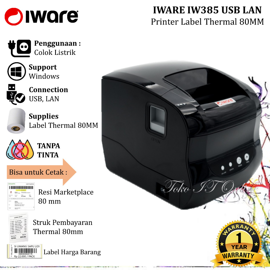 PRINTER THERMAL IWARE IW-385B USB LAN LABEL RESI STRUK KASIR 80MM