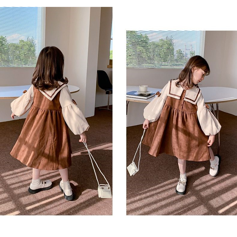 Dress Anak Perempuan Corduroy Lengan Panjang Pita Cokelat