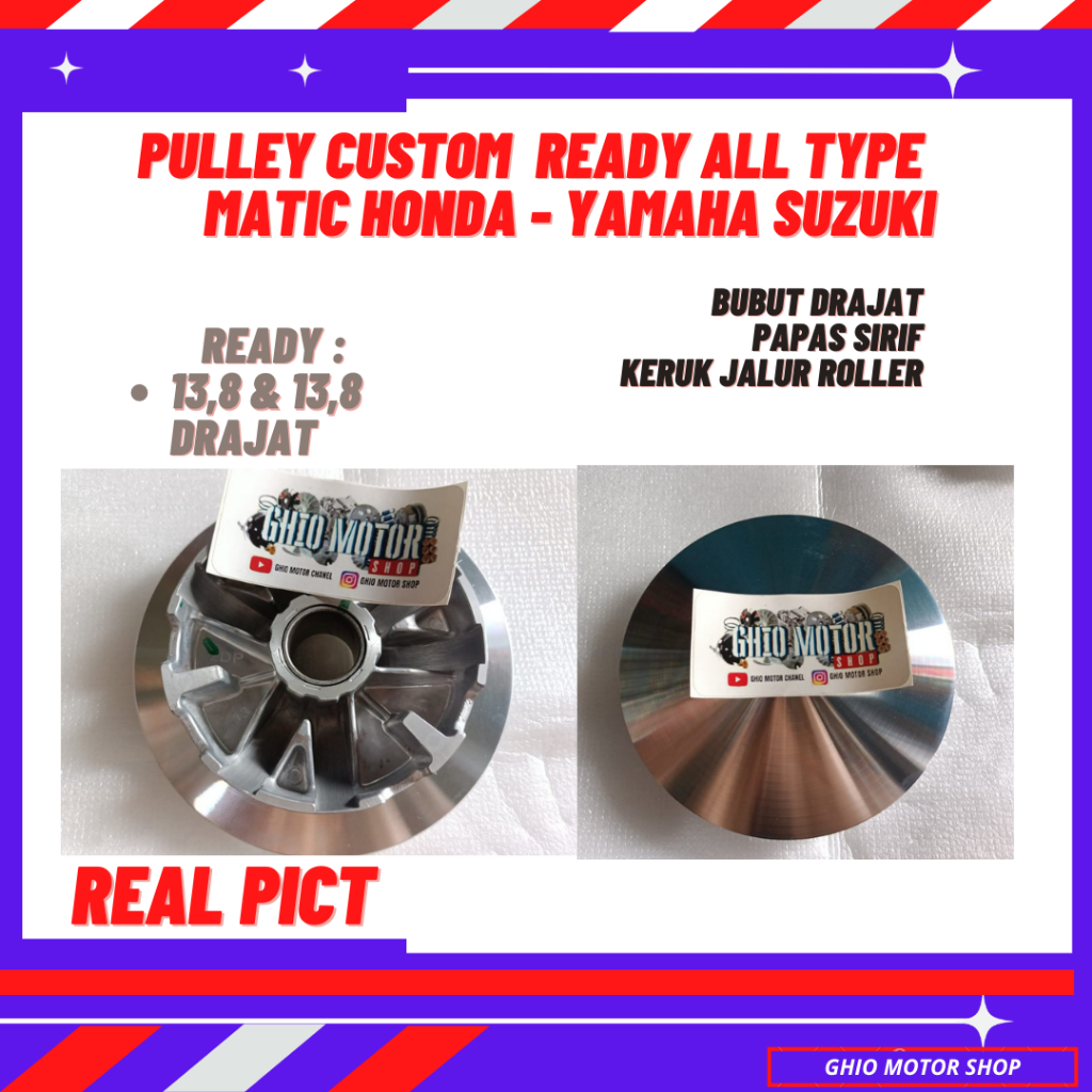 Pully Custom Interlock Ready All Type motor Vario 125 150  160 Pcx Adv Genio Scoopy New Nmax aerox Lexi Mio m3 Fino 125 Mio J mio aporty mio smile Puley custom Rumah Roller Custom 13,5 &amp; 13,8 Drajat