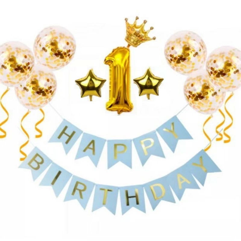 Paket Set simple banner confetti crown Balon Happy birthday dekorasi ulang tahun