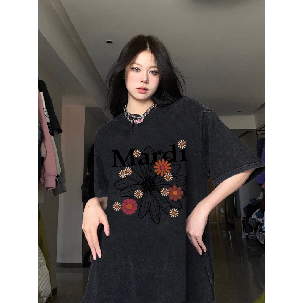 RDGF oversized washed T-shirt   photo of floral pattern kaos  keren Kaos retro Amerika t shirt unisex/A0938