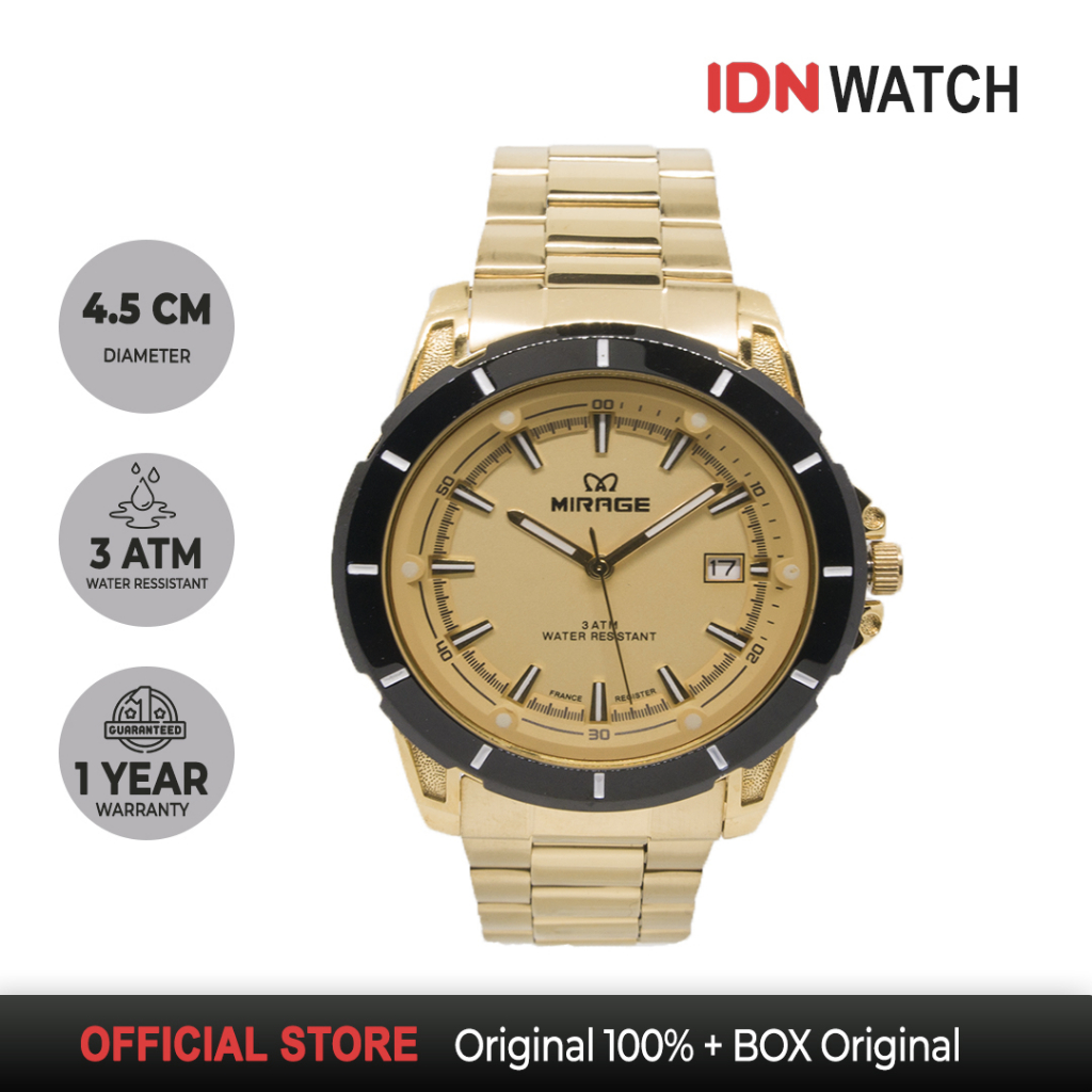 Jam Tangan Mirage Pria Original Tahan Air Stainless Steel Gold Mewah 8713M Tanggal Aktif