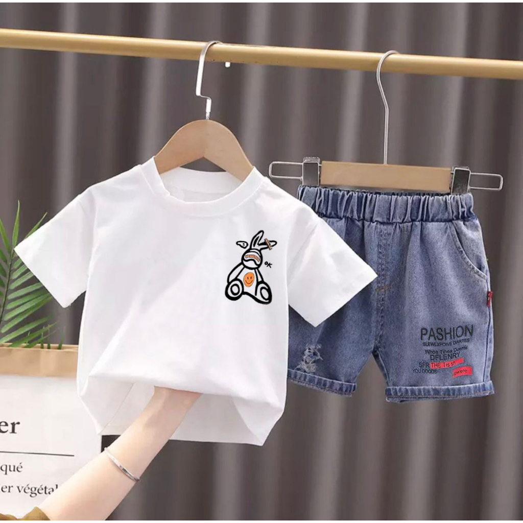 COD/SETELAN ANAK LAKI LAKI DAN PEREMPUAN/PAKAIAN ANAK HARIAN MOTIF KELINCI SMAILE UNTUK 1-5 TAHUN
