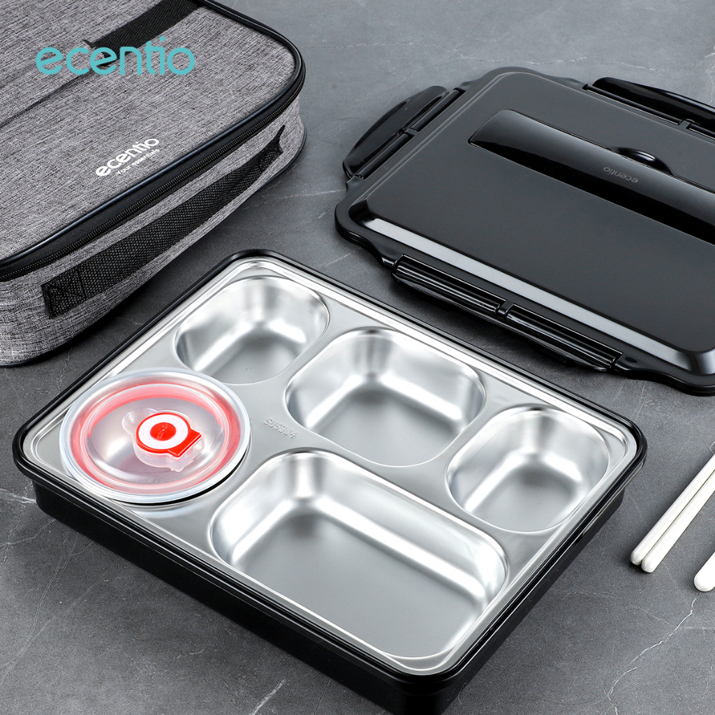 ecentio Kotak Makan set 304 Stainless Steel 4/5 Sekat Tempat Makan Tahan Suhu 1L/1.2L/Free sendok&amp;Sumpit Lunch Box