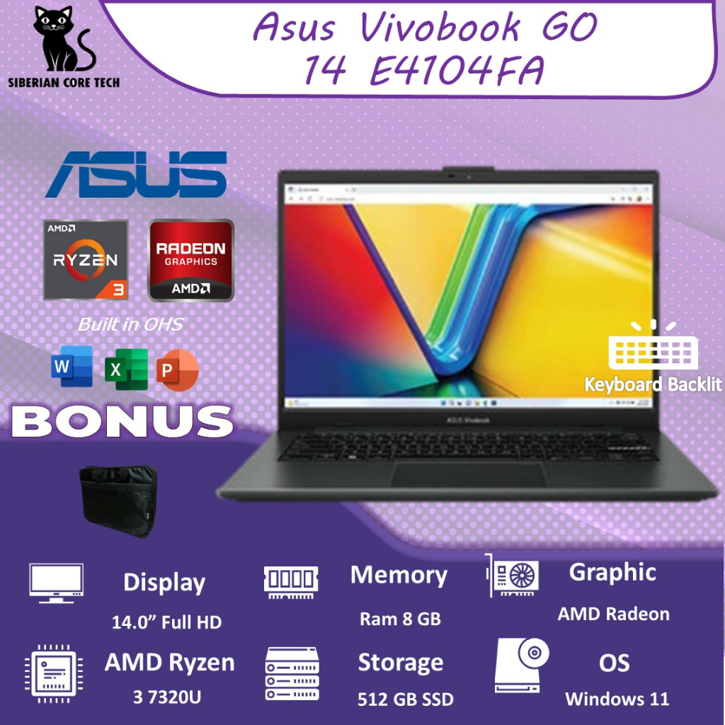 ASUS VIVOBOOK GO 14 E1404FA RYZEN 3 7320U 8GB 512GB RADEON 610M W11+OHS 14.0 FHD BLK