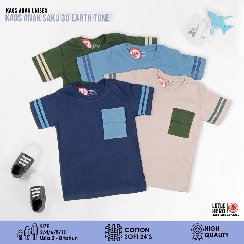 Baju Kaos Distro Anak Laki Laki Saku 3D Unik Earth Tone Little Hero Usia 2 3 4 5 6 7 8 Tahun