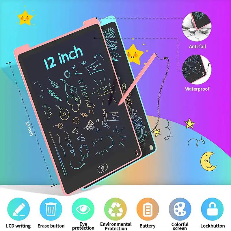 ELITEE COLORFULL 12 INCH LCD WRITTING TABLET PAPAN TULIS ANAK WARNA DRAWING TABLET RAINBOW