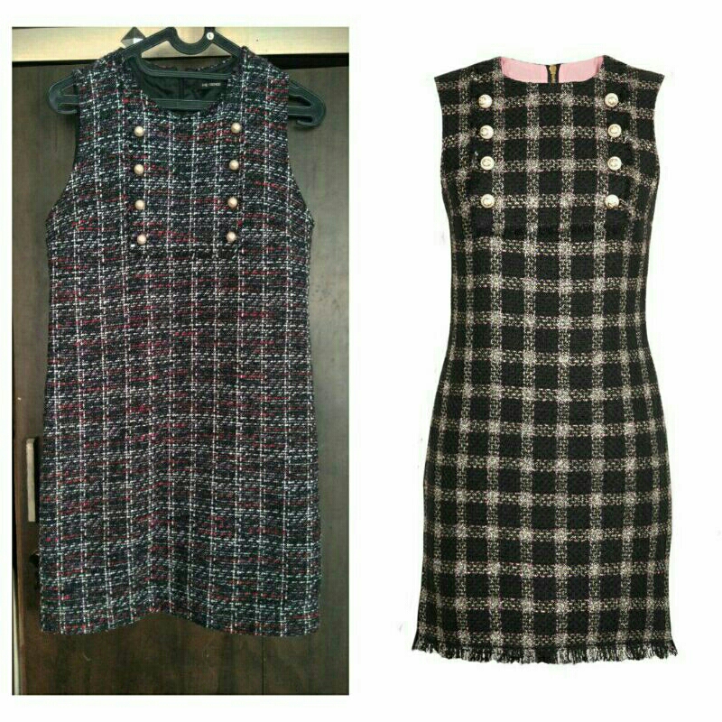 Tweed Gucci Look Alike Plaid Mini Dress Overall Sleeveless High Neck With Pearl Black Import/ Pinafo