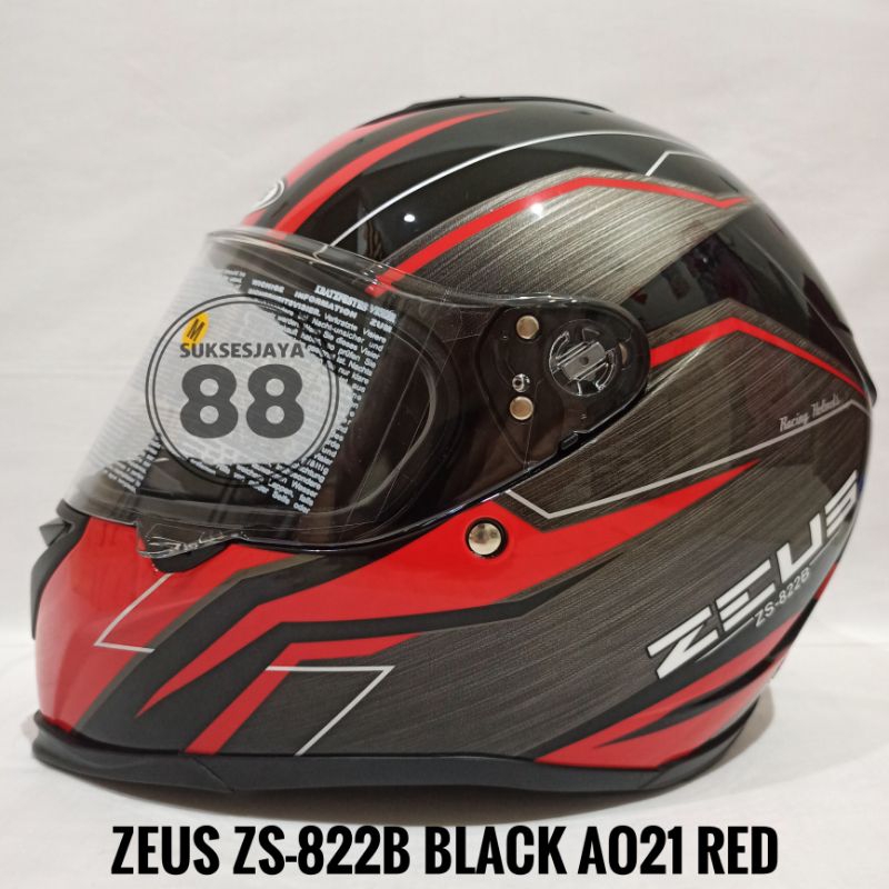 Zeus ZS-822B Black AO21 Red Helm Full Face Flat Single Visor ZS822 B ZS-822
