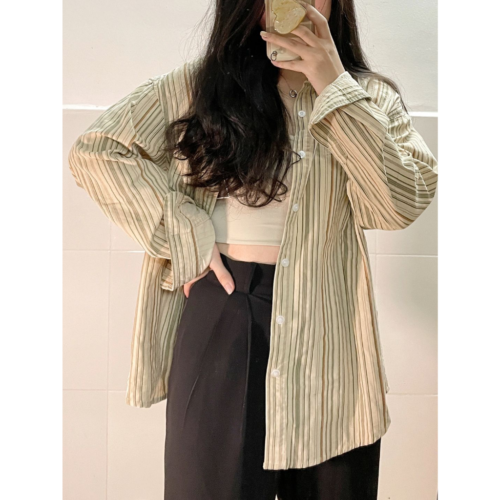 Kemeja Kekinian Wanita Lengan Panjang Korduroi Stripe Blouse Korean Style Loose Causual Vintage Corduroy Baju Atasan Wanita