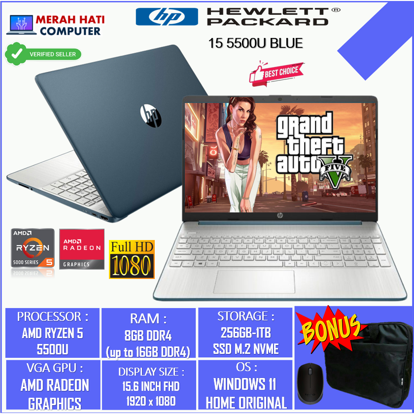 Laptop Gaming Hp 15 Amd Ryzen 5  5500U RAM 16GB SSD 512GB FHD RADEON WINDOWS 11 ORIGINAL