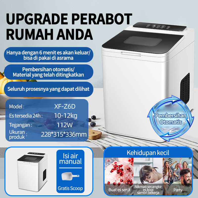 Mesin Es Iceler Portable Ice Maker 15KG Es Perhari 6 Keping Es diproduksi，Mesin Rumahan Kecil Full Otomatis