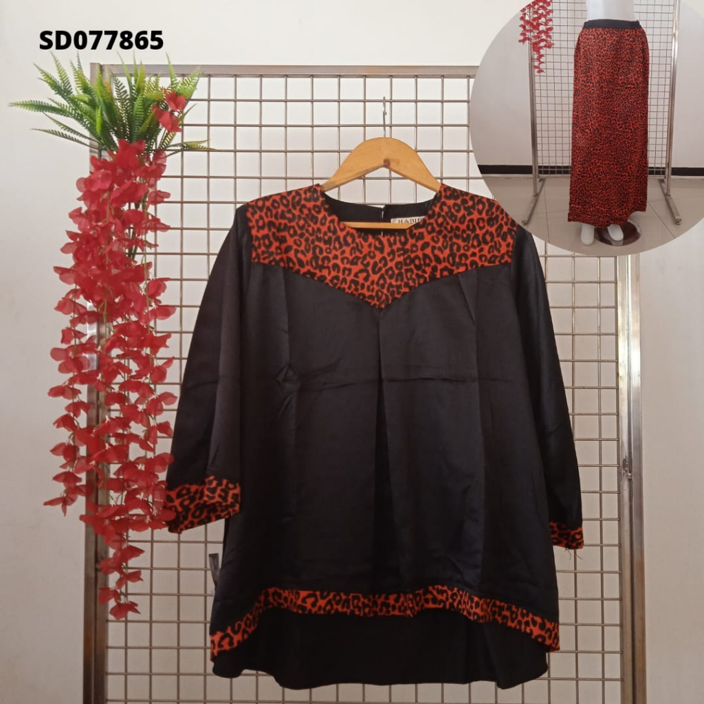 SETELAN WANITA BLOUSE ROK Motif Macan Oren