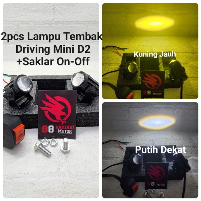 Lampu Tembak Driving Mini D2 Isi 2pcs + Saklar On-Off - Lampu Tembak Mini 2warna Kuning Jauh - Putih Dekat