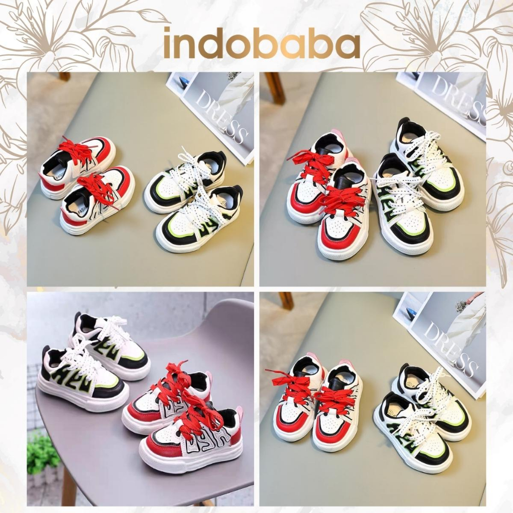 indobaba Sepatu Anak Perempuan Sneakers Anak Import Sport Unisex Warna Hitam &amp; Merah 1-5 Tahun S132