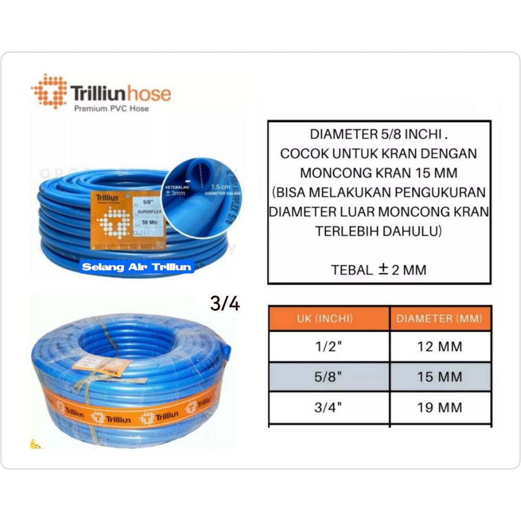 Selang Air Trilliun DOP Meteran 5/8 1/2 3/4