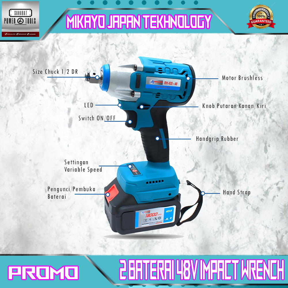 MIKAYO Cordless Impact Wrench 2 BATERAI  48V 18000 mAh  Brushless Bor Obeng Kunci 48 Volt