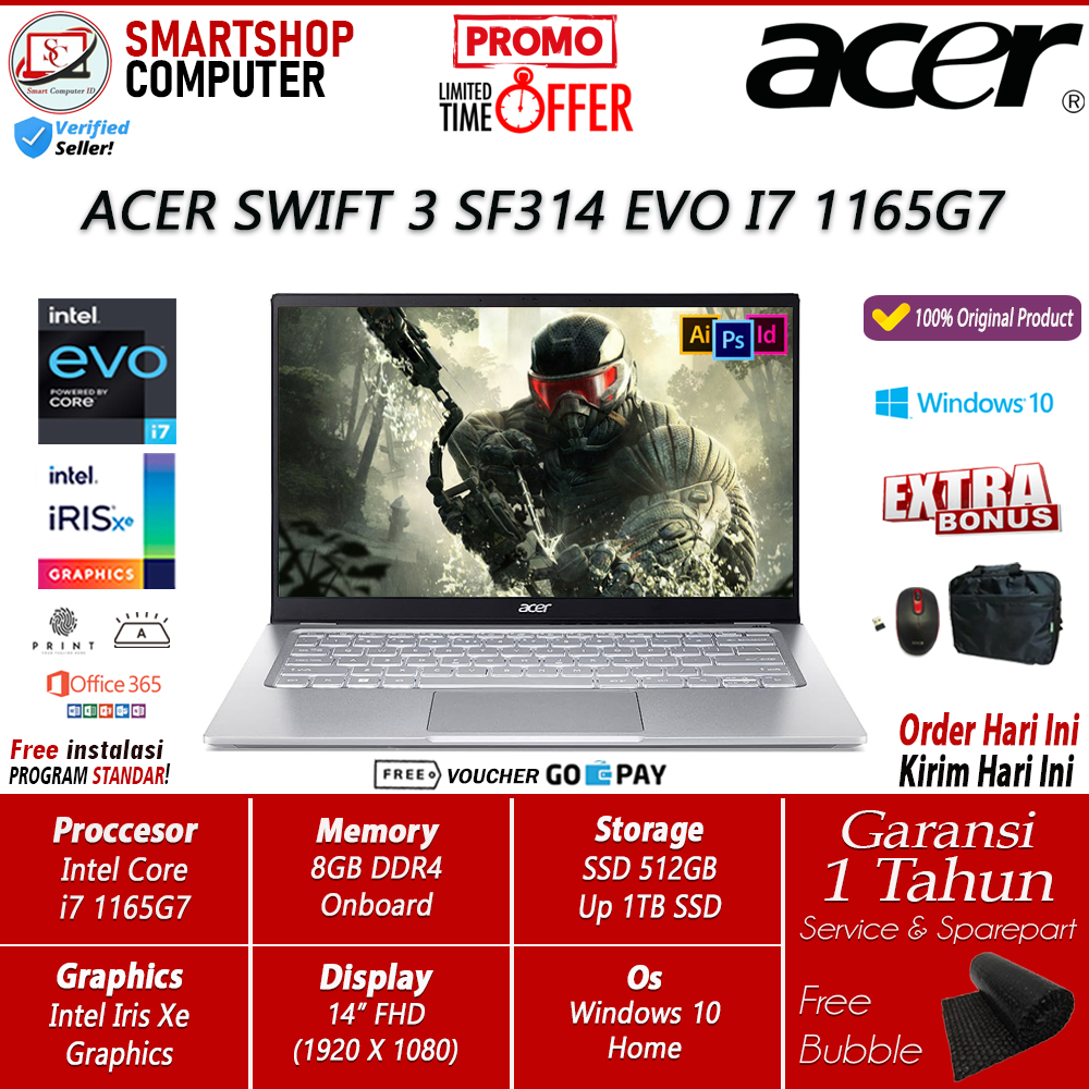 LAPTOP Slim Acer Swift 3 Sf314 Evo Intel i7 1165G7 8gb 1Tb Ssd Iris Xe 14&quot; FHD IPS Win10 Silver