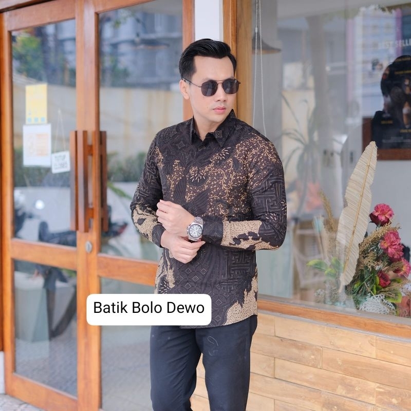 BATIK BOLO DEWO Motif Peksi Black Kemeja Baju Batik Pria Lengan panjang Lapis furing Hem Atasan