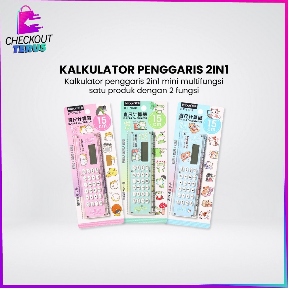 CT A65 Kalkulator Penggaris Karakter 2IN1 Mini Praktis Multifungsi Perlengkapan Sekolah Anak Kalkulator 8 Digit Penggaris 15cm Ruler Set