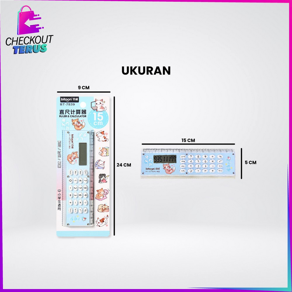 CT A65 Kalkulator Penggaris Karakter 2IN1 Mini Praktis Multifungsi Perlengkapan Sekolah Anak Kalkulator 8 Digit Penggaris 15cm Ruler Set
