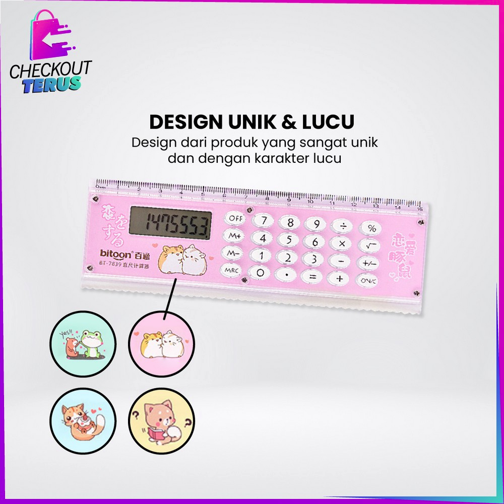 CT A65 Kalkulator Penggaris Karakter 2IN1 Mini Praktis Multifungsi Perlengkapan Sekolah Anak Kalkulator 8 Digit Penggaris 15cm Ruler Set