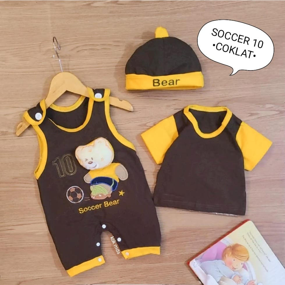 Overall Anak Cowok / Baju Bayi Laki-Laki Set Jumper Usia 0-6 Bulan Motif Soccer Bear